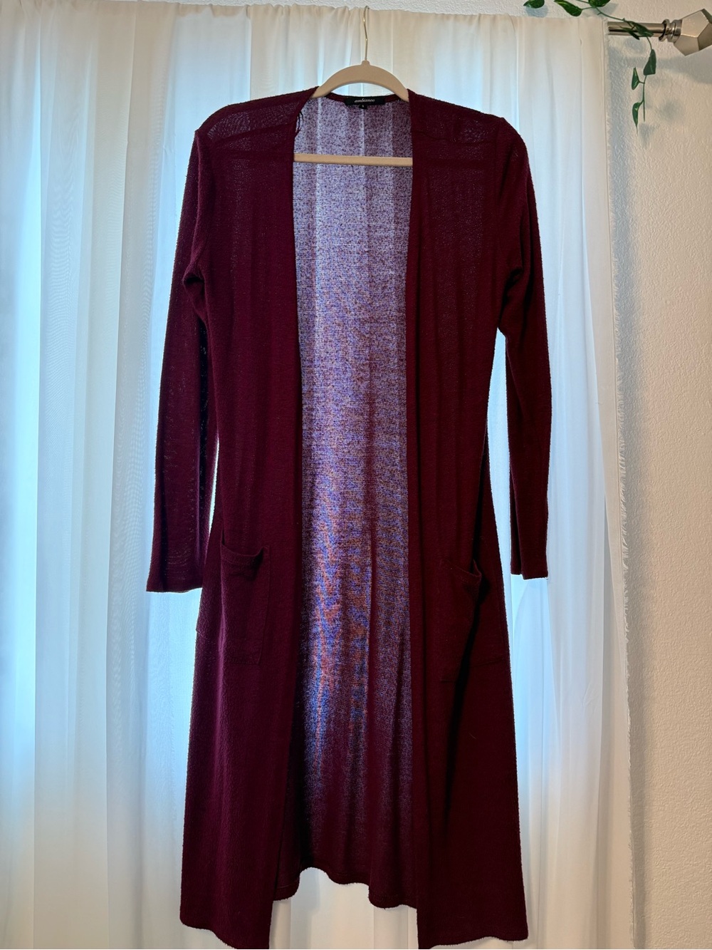 Ambiance Long Open-Front Cardigan in Burgundy